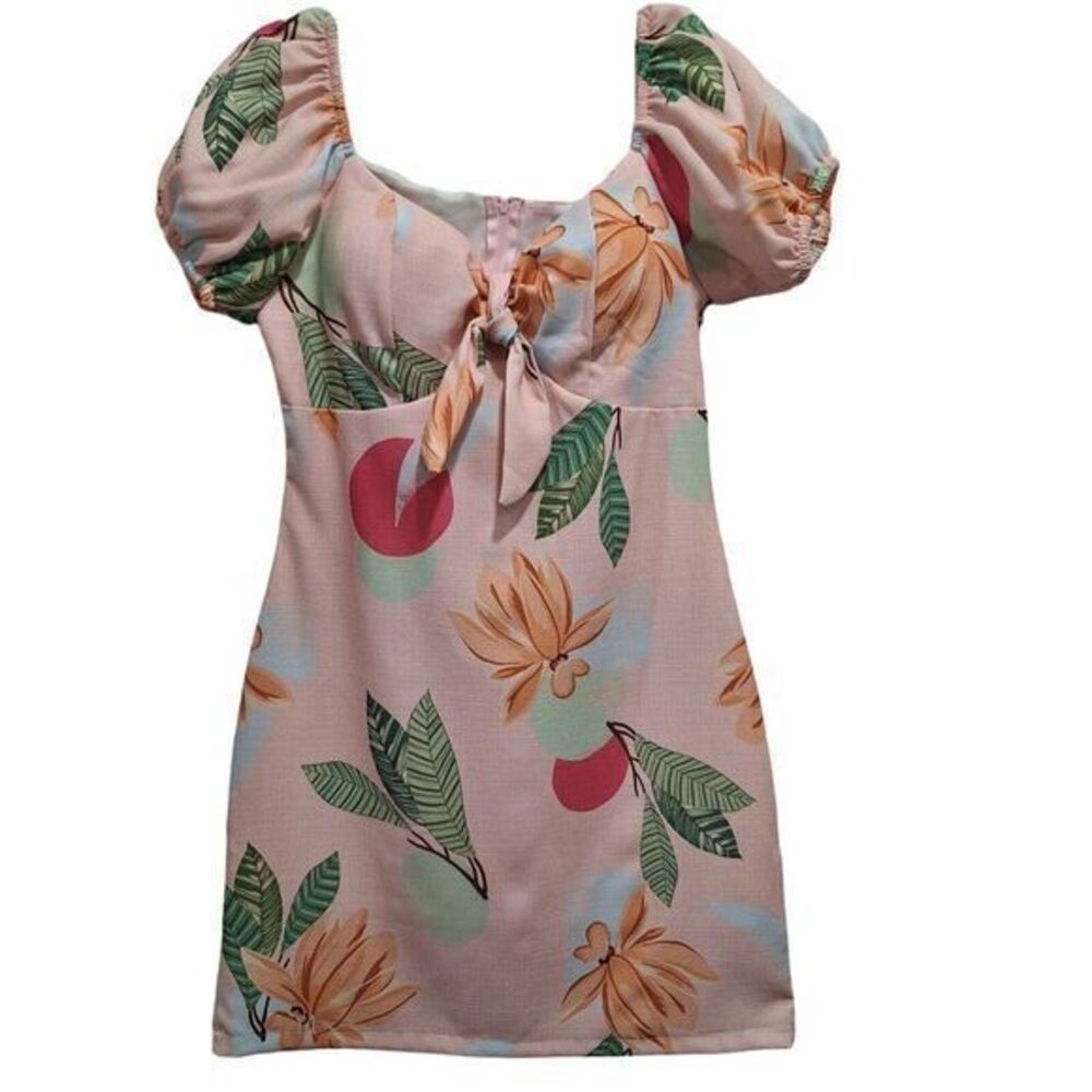 Women's Pink Tropical Floral Print Mini‎ Dress With Bow Front Size Medium